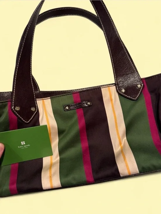 VINTAGE 2002 Kate Spade Westbury bag multicolored stripe with brown leather - Picture 2 of 8